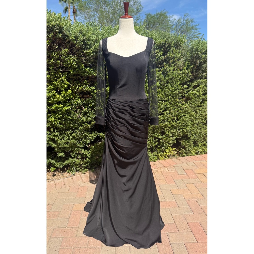 NWT La Femme Black Ruched Mermaid Evening Gown Sheer Long Sleeve Formal Size 8
